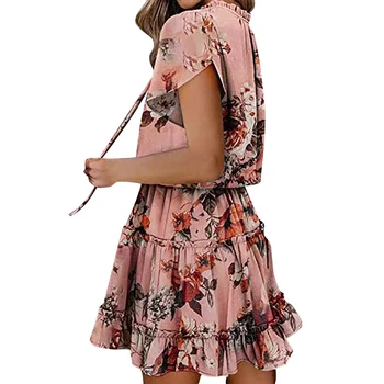 2021 M. Vasarą Moterys Spausdinti Mini Suknelė Raukiniai Gėlių Taškų Trumpomis Rankovėmis V-Kaklo, Paplūdimio Suknelės Bohemijos Atsitiktinis Palaidų Trumpą Suknelę D30