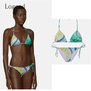 2021 prabangos prekės derliaus spausdinimo mados moterų padalinta bikini kostiumas seksualus atvira nugara suspender + trikampio dugnas paplūdimio maudymosi kostiumėlį