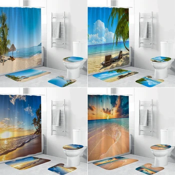 3D Sutemų Pakrantės Paplūdimio Kėdės Vonios kambario Dušo Užuolaidose Nustatyti Jūra Vandenynas Anti-slydimo Kilimėliai Tualeto Dangčio Dangtelis Vonios Kilimėlis Rinkiniai Namų Dekoro