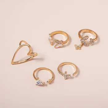 5vnt/set Širdies Drugelio Dizaino Vintage Bohemijos Žiedas Rinkiniai Aukso Spalvos Žiedų Kristalų Geometrinis Karka Midi Žiedai Moterims, Dovanos