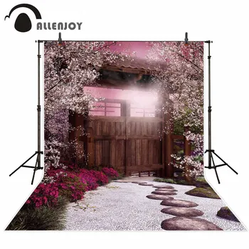Allenjoy svajinga derliaus kiemo fonas fotografijai Medinės durys Cherry tree garden nuotraukų fone fotografia photophone