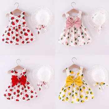 Baby Girl Dress 1-5y Baby Girl Dress Bamblys Baby Vaikų Mergaičių Rankovių Braškių Spausdinti Princesė Suknelė, Skrybėlė, Komplektai, Chalatai Ete