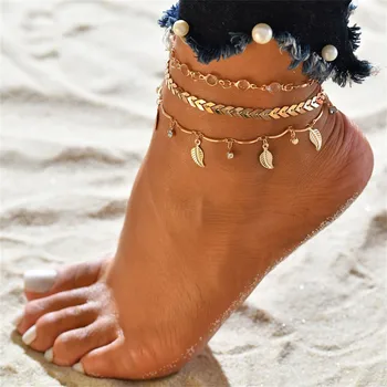 Bohemijos Aukso lapų modelio Grandinės Anklets Nustatyti Moterų, Mergaičių Mados Multi-layer Anklet Kojos Kulkšnies Apyrankę Paplūdimio Papuošalai