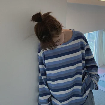 Dryžuotas marškinėliai Moterims Pavasario Rudens Panelled Laisvas Paprastas Atsitiktinis Japonų Stiliaus Ins BF Unisex Harajuku Moterų Top Madinga Jaukus