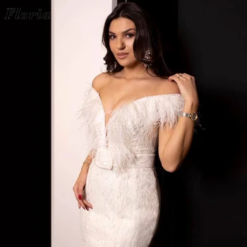 Dubajus Dizaino Baltos spalvos Nėrinių Vakare Chalatai nuo Peties iki 2021 m. arabų Plunksnos Prom Dresses Undinė Dubajus Šalis Suknelė Vestuvėms