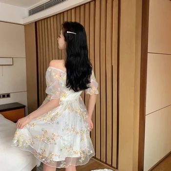 Elegante Prairie Prašmatnus Harajuku Kawaii Smėlio Seksualus V-Kaklo Nėrinių Suknelės Sundresses Vasaros Suknelė Moterims Vestido De Mujer 2021 Naujas