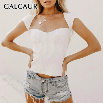 GALCAUR Sexy Marškinėliai Moterims Aikštėje Apykaklę, Trumpas Rankovės Tuščiaviduriai Iš Mezgimo Slim Palaidinės Moterų 2021 M. Vasaros Drabužių Mados