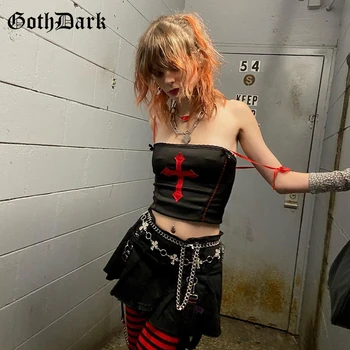 Goth Dark Emo Mall Gotikos Estetika Camis Harajuku Grunge Punk Juoda Moterų Alt Drabužius Bodycon Backless Seksualus Apkarpyti Viršūnes Vasaros