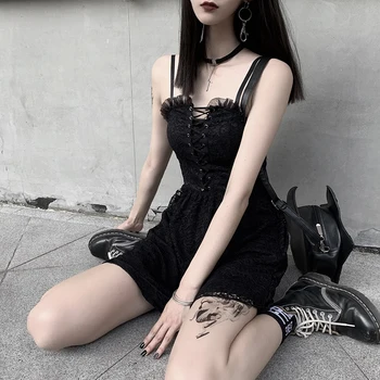 Gothic Punk Senovinių Nėrinių Suknelė Spagečiai Dirželiai Seksuali Juoda Mini Suknelė Moterims Streetwear Elastinga Plisuotos Tuščiaviduriai Iš Vasaros Suknelė