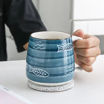 Japonija Stiliaus Balta Žydra Mėlyna Keramikos Pilvo Puodelis Namų Klasikinis Didelis Puodelio Talpa 500ml Puodelis su Rankena Keramikos Puodelis Lapų Modelio Puodelio Vandens