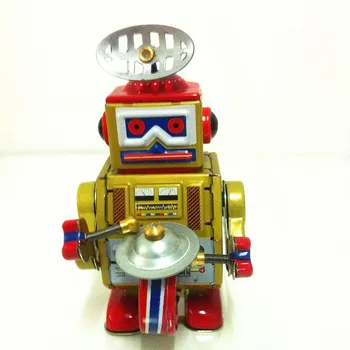 [Juokingi] Classic kolekcija Retro Clockwork Vėjo iki Metalo Pėsčiomis Alavo Juostos Žaisti gong būgno robotas priminti, Mechaninė žaislas vaikams dovanų