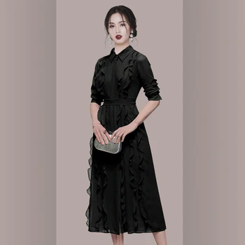 Kietų Biuro Lady Raukiniai Ilga Suknelė Korėjos Elegantiškas Aukšto Juosmens Vasaros Šifono Suknelė Padalinta Marškinėliai Violetinė Juoda Plius Dydis B925