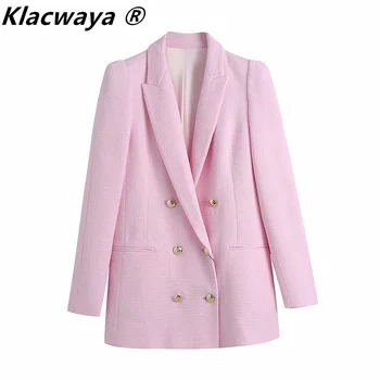 Klacwaya Moterų 2021 Naujo Derliaus Rožinė Tekstūra Tvido Švarkas Kailis Office Ponios Ilgomis Rankovėmis Kostiumai Moterų Viršutiniai Drabužiai Prašmatnus Viršūnės