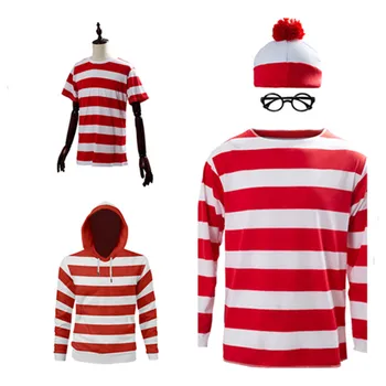 Kur Wally Waldo Dabar Cosplay Hoodie Vyrai Moterys Stripe Marškinėliai, Kepurės, Akiniai Helovyno Karnavalas Kostiumas T-shirt
