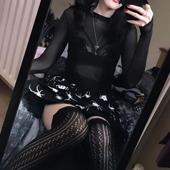 Moterų Gothic Punk Voras Spausdinti Juoda Mini Klostuotas Sijonas Elastinga Nėrinių Aukšto Juosmens Akių Ruffles Hem Harajuku Streetwear