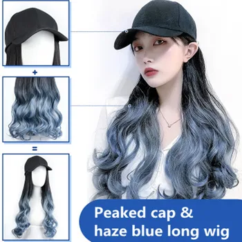 Moterų Skrybėlę Perukas Vieną Piko Cap Blue Haze Didelis Banguotų Ilgų Plaukų Perukas Sintetinis, Plaukai Tamsiai Rudas Juodas Garbanotas Perukas