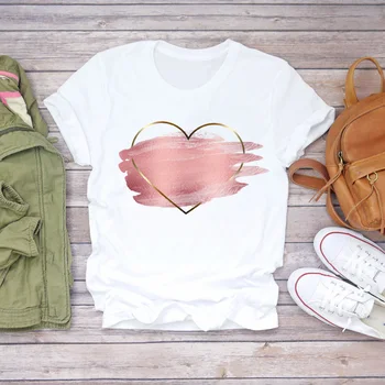 Moterų marškinėliai Meilės Akvarelė Širdies 90s Spausdinimo Vasaros Rudens Spausdinti Lady Moterų Stilingas T Top Marškinėliai Mergina Tee Marškinėliai