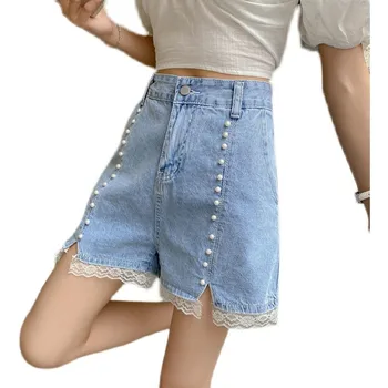 Nauja Vasaros Moterų Aukšto Juosmens Džinsinio Šortai Duobute Apdailos Nėriniai Kratinys Retro Streetwear Pločio Kojų Prarasti Blue Mini Džinsai