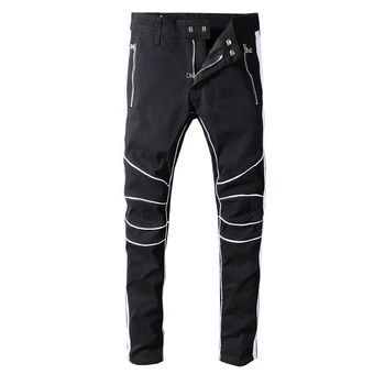 Nauji vyriški vyriškos kelnės rudens žiemos stilius Amerikos gatvės tendencija juoda apdaila džinsai asmenybės slim-fit motociklo džinsinio audinio kelnės