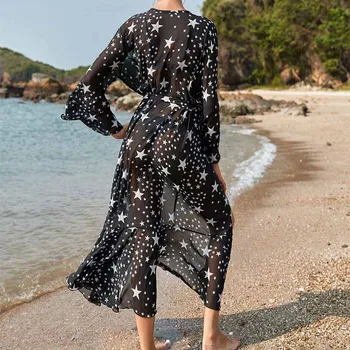 Paplūdimio suknelės 2021 m. Vasarą ilgomis Rankovėmis Spausdinti Seksualus Prarasti Šifono Atostogų Bohemijos Kimonos Paplūdimio Cover Up maudymosi Kostiumėliai Moterims
