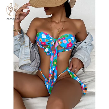 Peachtan Tvarstis bikini 2021 Gėlių spausdinti maudymosi kostiumėliai moterims Off-pečių maudymosi kostiumėlį moterų plaukimo kostiumas Brazilijos maudymosi kostiumas seksualus