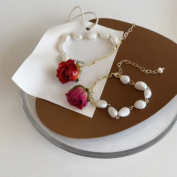 Prancūzijos Šviesą Nekilnojamojo Dažų Rose Žavesio Apyrankės Moterims Sumaišyti Aukso Stambusis Nuorodą Grandinės Nereguliarus Natūralių Gėlavandenių Perlų Apyrankė
