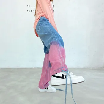 Raišteliu Kaklaraištis-dažų Džinsai Vyrų Mados Atsitiktinis Baggy Plataus kojų Džinsai Vyrams Streetwear Prarasti Hip-hop Tiesiai Džinsinio audinio Kelnės Vyrai