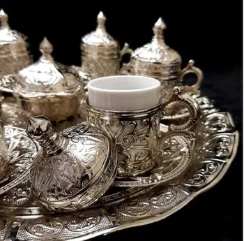 Rankų darbo, autentiški dizaino, turkų, graikų, arabų kavos Espresso nustatyti 6 paslaugą, puodeliai su dangteliu dėklas savavališkai saldainiai patiekalas dovana