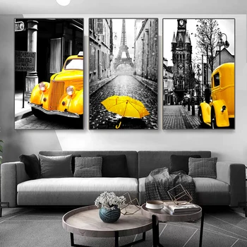 Retro Europos miesto panoramos Vaizdą Meno Tapybos Geltonas Automobilis ir Skėtis, Plakatų ir grafikos Namų Kambarį Sienų Apdaila