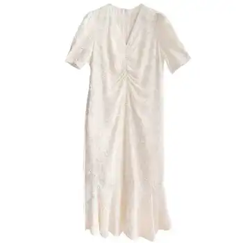 Ruffles Naujo Derliaus Plius Dydis V-Kaklo Moterų Suknelė Vasaros Nėriniai-Up Sluoksniuotos Rankovėmis Šalies Korėjos Suknelės Elegantiška, Ilga Suknelė Rūbeliai 13815
