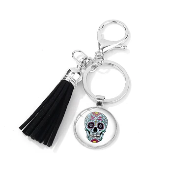 SONGDA Meksikos Liaudies Meno Cukraus Kaukolės Kutas Keychain Nuotrauką Stiklo Kupolas Pakabukas Metalo Key Chain Dieną Mirusiųjų Raktų Žiedas Ornamentu