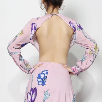 TWOTWINSTYLE Backless Vintage Suknelė Moterims, O Kaklo, ilgomis Rankovėmis Aukštos Juosmens Spausdinti Gėlių Slim Suknelė Moterų Mados Naujų 2021