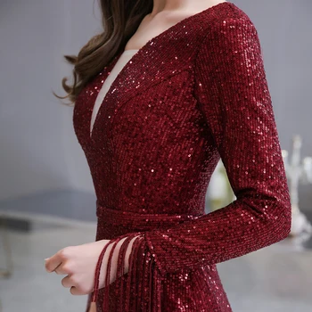 Tamsiai Raudoną vakarinę Suknelę 2020 Spalvingas Pasinėrus V-Kaklo Iliuzija China Plisuotos ilgomis Rankovėmis Undinė Oficialų Suknelė chalatas de soiree