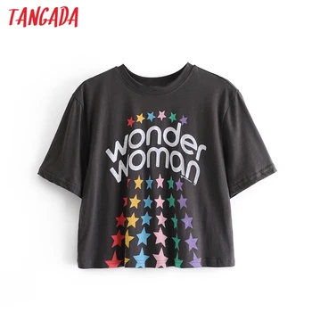 Tangada 2021 Moterų Star Spausdinti Pasėlių Medvilnės Marškinėliai trumpomis Rankovėmis Vasarą Ponios Atsitiktinis Marškinėliai Street Wear Viršuje 4D06