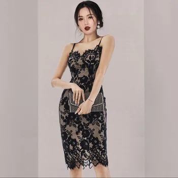 Temperamentas Elegantiškas Šalis Suknelė 2021 M. Vasaros Paprasta Sexy Nėrinių Suknelė Su juodais Rankovių Spageti Dirželis Slim Moterų Suknelės
