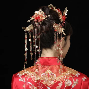 Tradicinės Kinų Tradicinės Nuotakos Šukuosena, Aukso Plaukų Segtukai Ilgi Kutai Povas Moterų Vestuvių Papuošalai, Plaukų Aksesuarai