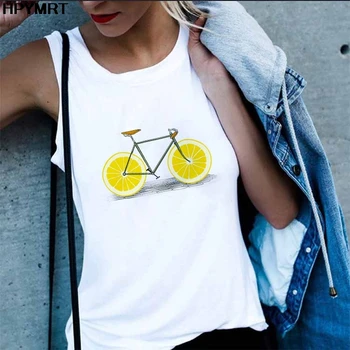 Vaisių dviratį Spausdinti tankų Vasaros Vest Moterų Berankovis Tee Mados Atsitiktinis Marškinėlius Moterų Top Ponios estetika Grafinis Drabužiai