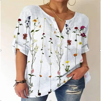 Vasarą Long Sleeve V-Kaklo Atsitiktinis Palaidų T-shirt, Derliaus Moterų Plius Dydžio Megztinis Gėlių Lapai Spausdinami Mados Kasdien Visas Rungtynes
