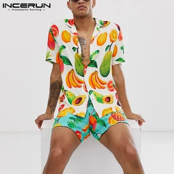 Vyrai Havajų Rinkiniai Spausdinimo Atvartas Trumpas Rankovės Marškinėliai Paplūdimio Šortai 2021 Streetwear Vasaros Atostogų Atsitiktinis Vyrų Kostiumai, S-3XL INCERUN