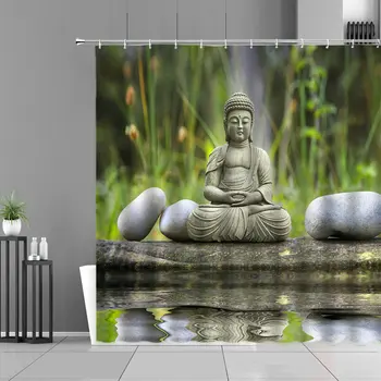 Zen Buda Kraštovaizdžio Dekoro Dušo Užuolaidų Žiedų, Augalų Lotus Žalia Bambuko Bus Akmens Dekoracijos Vonios Užuolaidos Spa Kabinti Medžiaga