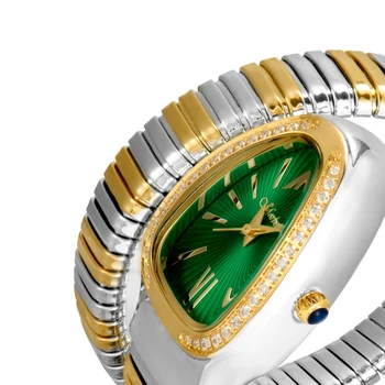 Ženevos Dizaineris Moterų Laikrodžiai, Aukso Gyvatės Formos Bangle Hip-Hop Ponios Kvarco Žiūrėti Bling Diamond Žalia Moterų Laikrodis Reloj Bangle