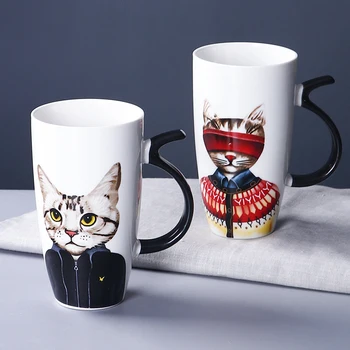 1Pc Animacinių filmų mielas Ponas katė Keramikos puodelis su dangteliu Paprasta Kūrybos Namų didelės talpos Geriamas puodelis Kavos puodelio