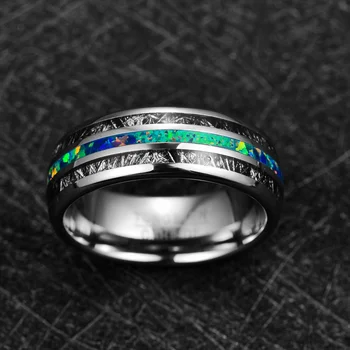 2019 8mm Sidabro Spalvos Akmens Vyrų Žiedas Inkrustacijos Juoda Meteoritas Green Opal Vestuvių Juostoje Vestuvinis Žiedas Volframo Karbido Žiedas
