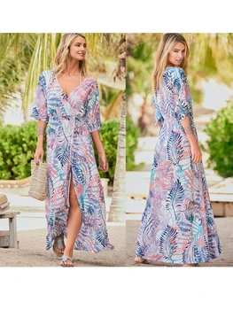 2020 Naujas Bikini Danga-Ups Bohemijos Spausdinti Tunika Paplūdimio Wrap Suknelė Elegantiškas Ilgas Moterų Paplūdimio Drabužiai Plaukti Kostiumas Padengti Iki