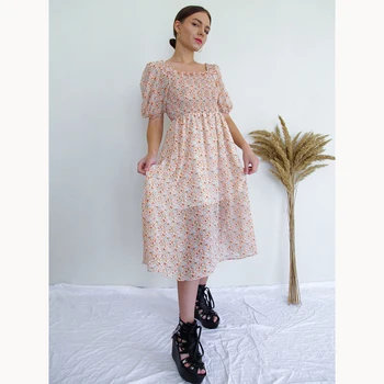 2021 M. Vasarą Prancūzijos Stiliaus Šventė Šifono Suknelė Moterims Aikštėje Apykaklės Pusė Plisuotos Rankovėmis Elastinga Juosmens Midi Suknelė Moterų Vestidos
