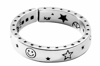 925 Sterling Silver Moon Stars Smile Smiley Atidarymo Žiedai Moterims, Romantiška Dovana Tailando Juoda Vintage Stiliaus Fine Jewelry