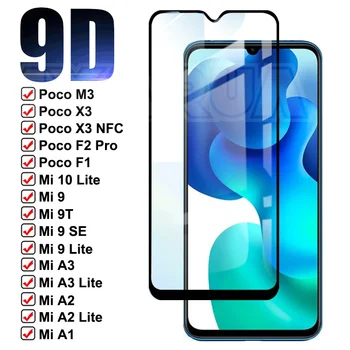 9D Grūdintas Stiklas Xiaomi Mi 9 SE 10 A3 A2 Lite 9T Pro Screen Protector, Stiklo Xiaomi Poco M3 X3 NFC F2 Pro F1 Apsauginės Plėvelės