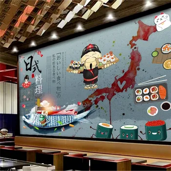 Animacinių filmų Rankomis Dažyti Japonų Suši Sienos Popieriaus 3D Restoranas Raudona Žemėlapis mėlyname Fone Pramonės ir Dekoro, Sienų Tapetai, 3D