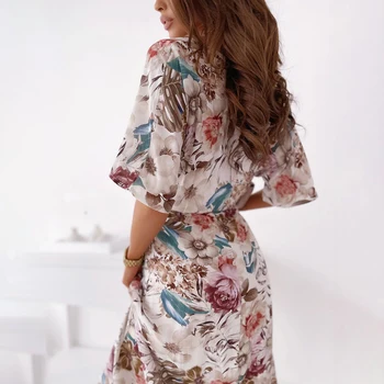 Atsitiktinis Boho Maxi Suknelė Moterims Vasaros trumpomis Rankovėmis Gėlių Spausdinti Suknelės Mados Derliaus Elastinga Juosmens Seksualus V-kaklo Paplūdimio Suknelė
