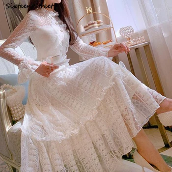 Baltos Spalvos Nėrinių Suknelė Moteris Elastiniai Biustas Elegantiškas Maxi Vestido Moters Drabužių Blyksnius Rankovės Derliaus Bridesmaid Šalies Moterų Suknelės